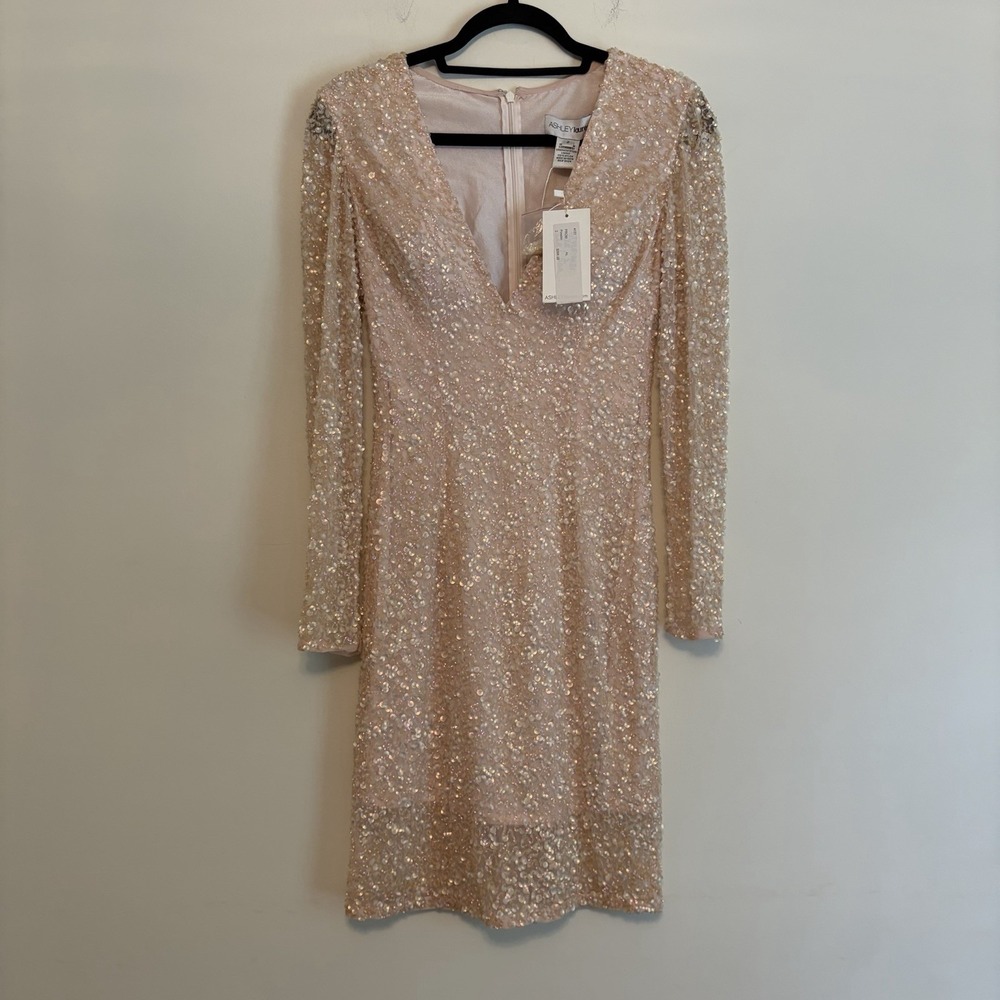 NWT Ashley Lauren Sz 2 Powder Sequin Short Dress V Neck Formal Pageant Prom